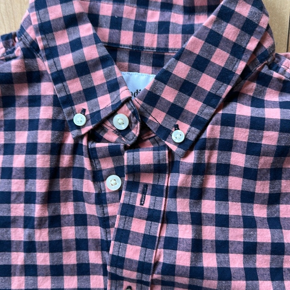 Men's Short Sleeve Blue and Salmon Slim Fit short sleeved Checkered Shirt